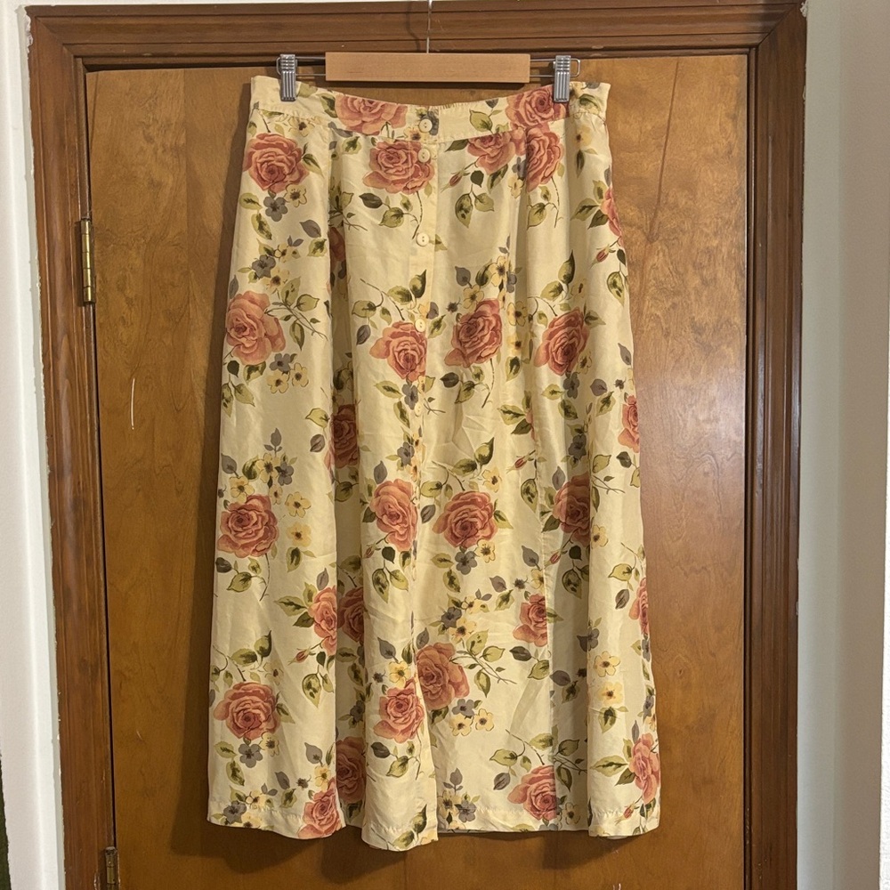 Floral Print A-Line Skirt 100% silk vintage fashion floral rose